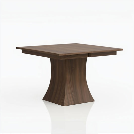The Ambrose Dining Table, handcrafted in the USA from solid walnut, features a square wooden top and a curved, tapered pedestal base, displayed against a plain white background.