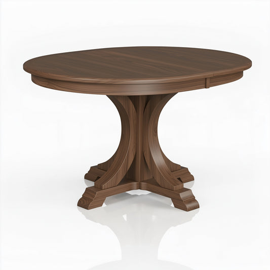 The Barclay Dining Table is a round, solid walnut dining table with a smooth surface and ornate pedestal base, handcrafted in the USA. It is displayed on a white background.