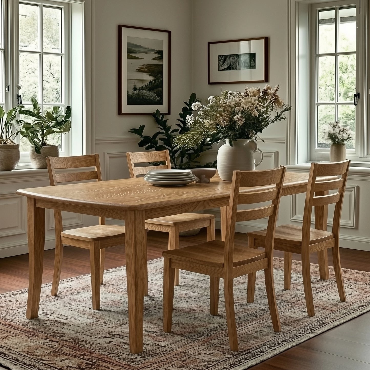 Quarter Sawn White Oak dining table with chairs in a well-lit room with large windows and decorative elements.