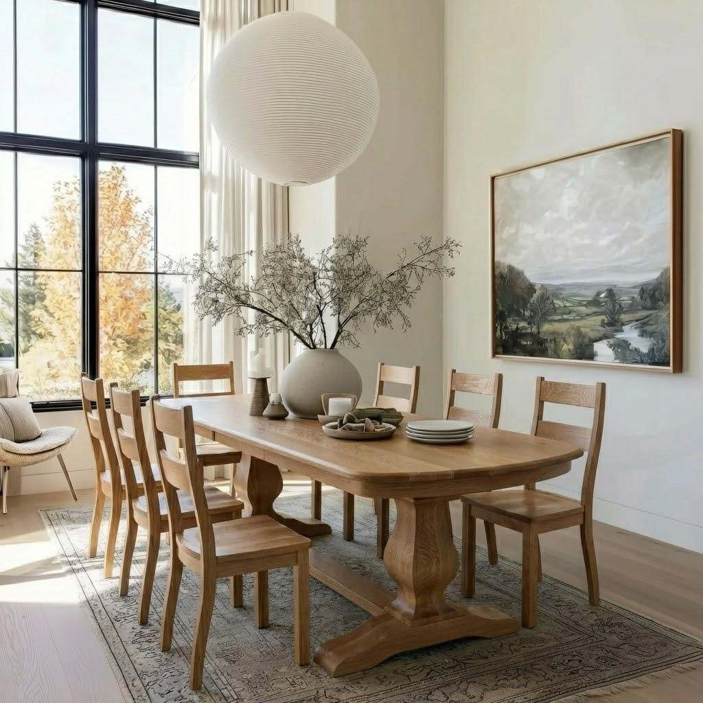 Dining room with wooden table and chairs, large window, and artwork on the wall.