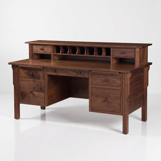 A dark brown wooden writing desk with a matching hutch featuring multiple drawers, open cubbies, and a shelf, shown on a clean white background.
