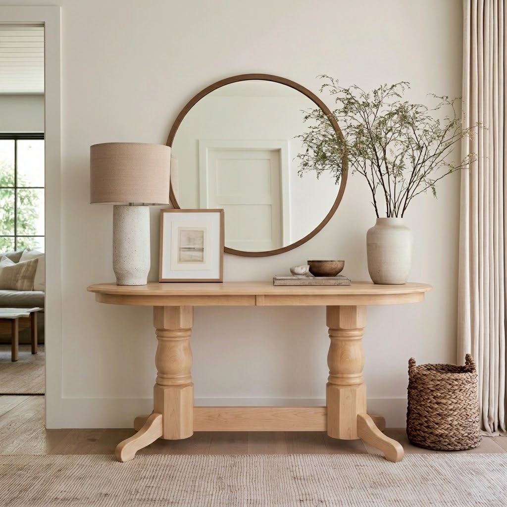 The Colt Semi-Oval Console Table, handcrafted from solid wood by skilled American artisans, is styled with a lamp, framed art, a ceramic bowl, and a vase of branches beneath a round mirror. A woven basket rests on the floor nearby, while neutral decor enhances the cozy, minimalist aesthetic. Finished with a durable top coat, The Colt ensures lasting beauty and everyday protection.