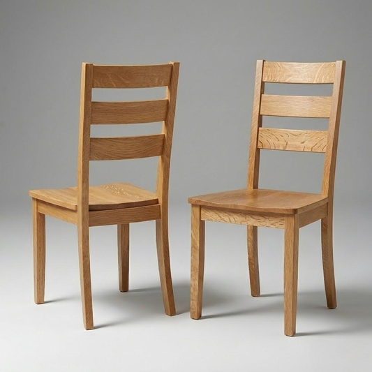front and back shot of custom hardwood usa made quarter-sawn white oak dining chairs on white.