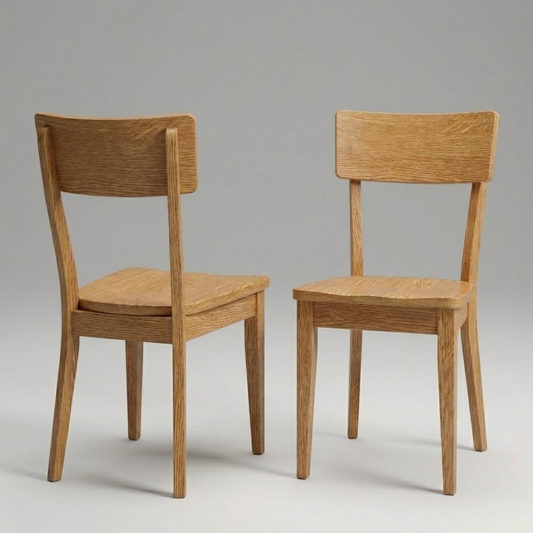 Two simple modern solid hardwood usa handcrafted strong quarter-sawn white oak wooden chairs on a gray background