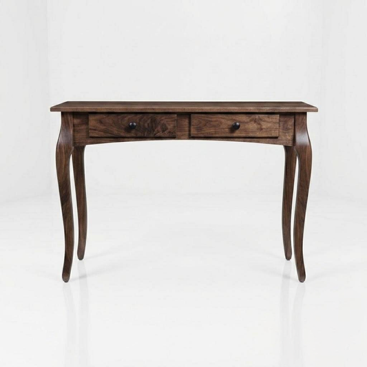 The Fox Console Table, expertly handcrafted from solid dark wood by American artisans, showcases two spacious drawers and graceful curved legs, presented against a plain white background.
