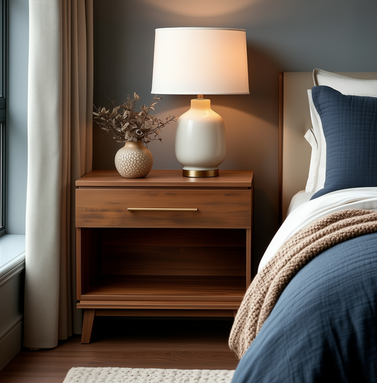 A cozy bedroom scene with The Kingsley 1-Drawer Nightstand, topped with a ceramic lamp and dried flowers, next to a neatly made bed in blue and beige bedding by a window with light curtains.