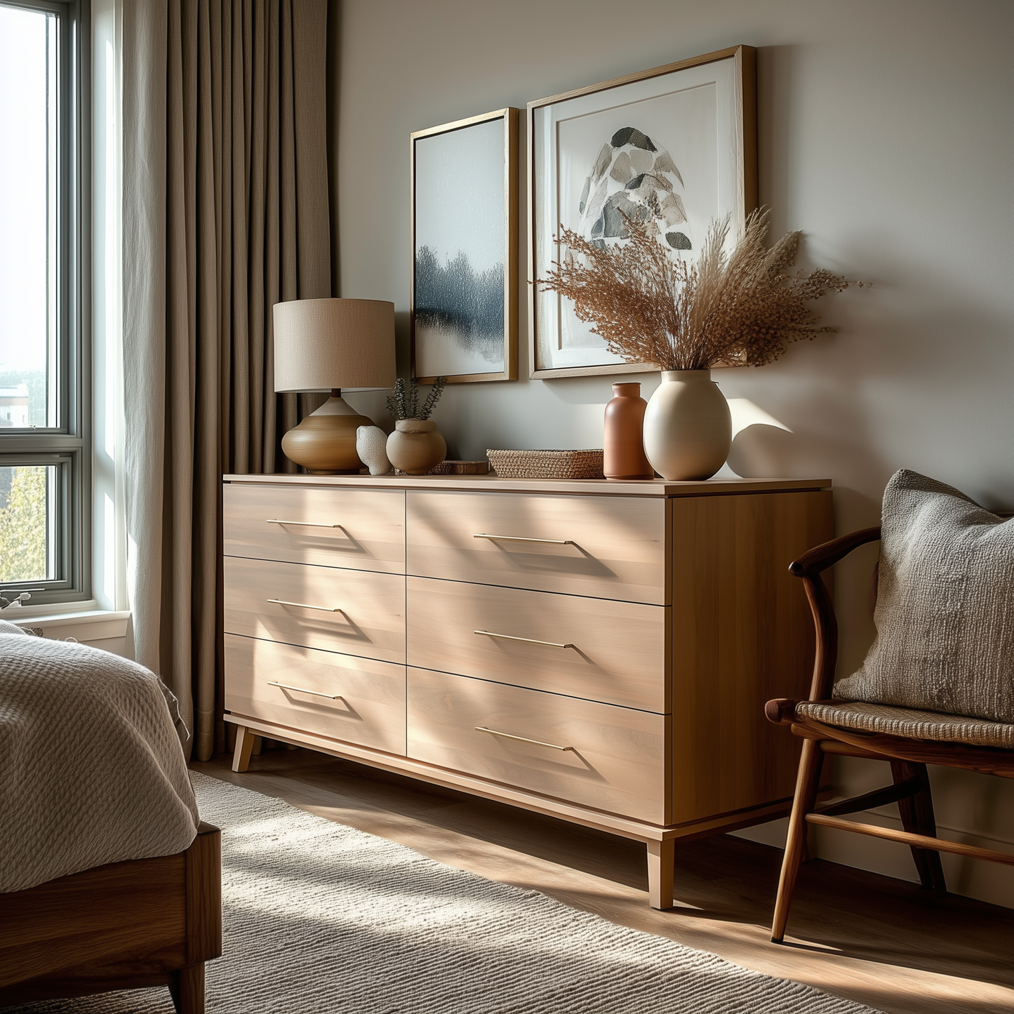 A modern bedroom corner features The Kingsley 6-Drawer Dresser adorned with vases, dried flowers, and a lamp. Above it hang two framed artworks, while a cushioned chair sits nearby beside a large window with beige curtains.