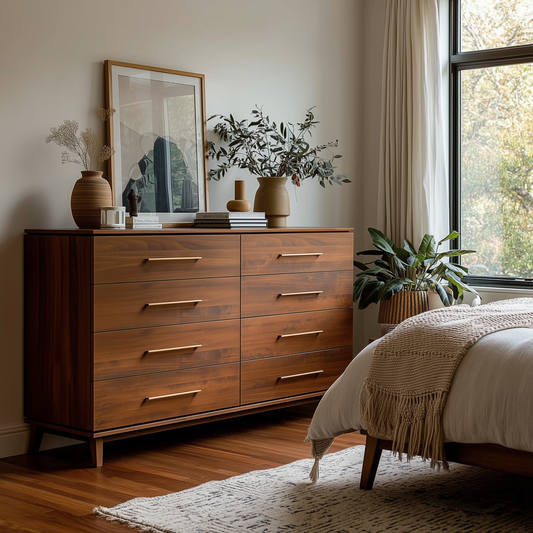 The Kingsley 8-Drawer Dresser, decorated with vases, framed art, and plants, stands beside a bed with a knit throw near a large window filling the room with natural light; a rug covers part of the wood floor.