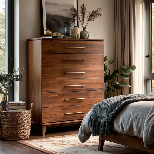 The Kingsley Chest of Drawers, featuring six wooden drawers, stands in a cozy bedroom beside the bed. Framed art, vases, and plants decorate the dresser, while sunlight filters through the window onto a nearby basket and leafy plant.