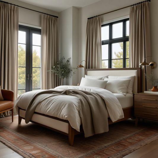 A cozy, modern bedroom features The Kingsley Bed with white bedding and a beige throw blanket. Large windows with beige curtains let in light, while a wooden nightstand, lamp, and rug complete the inviting decor.