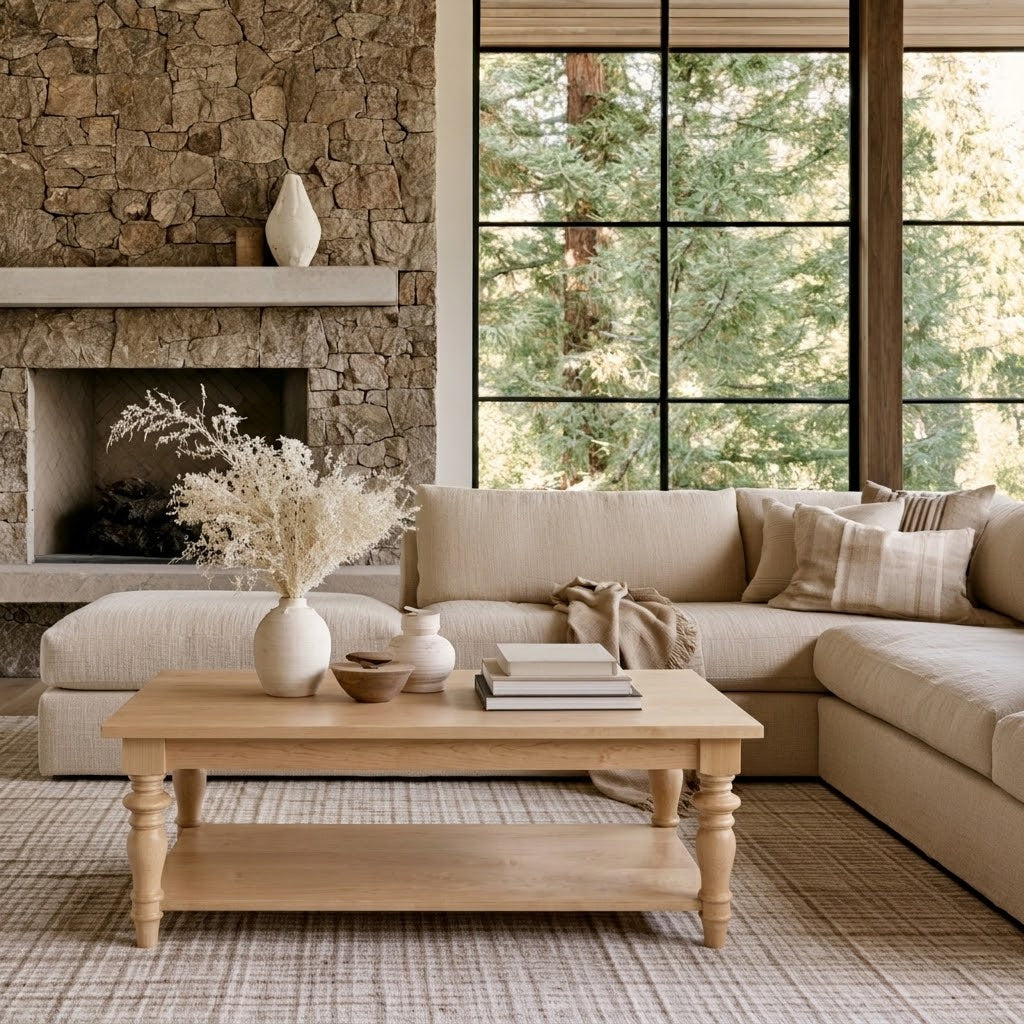 A cozy living room with a stone fireplace, beige sectional sofa, and The Lincoln Rectangle Coffee Table—handcrafted from solid wood and elegantly decorated with vases and books—is complemented by large windows framing trees outside. Neutral tones and natural textures create a calm, inviting atmosphere that highlights the timeless appeal of American craftsmen.