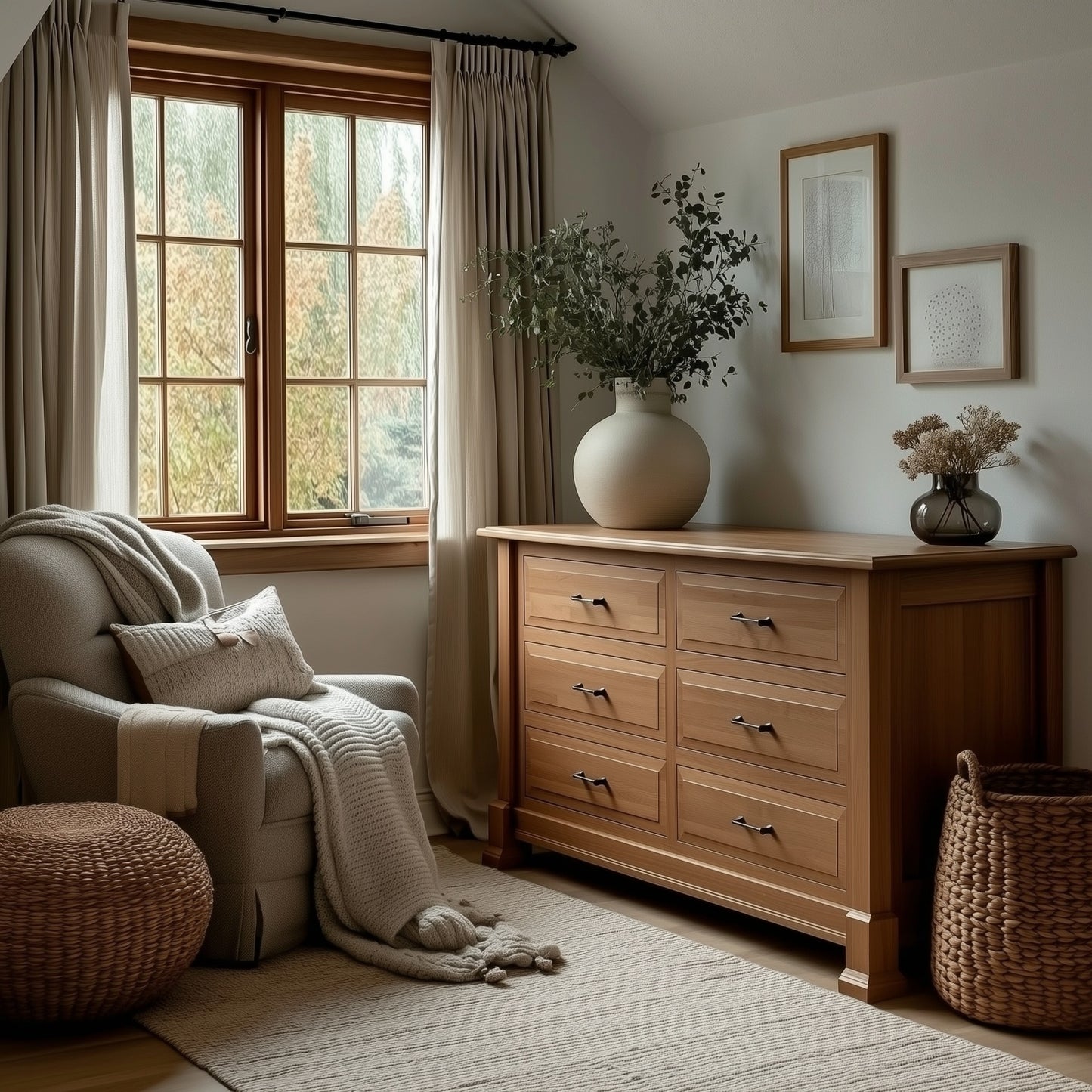 A cozy nursery with The Macon 6-Drawer Dresser, a changing table, a white armchair draped with a blanket, wicker ottoman, large windows with sheer curtains, plus a vase filled with greenery and framed art on the wall.