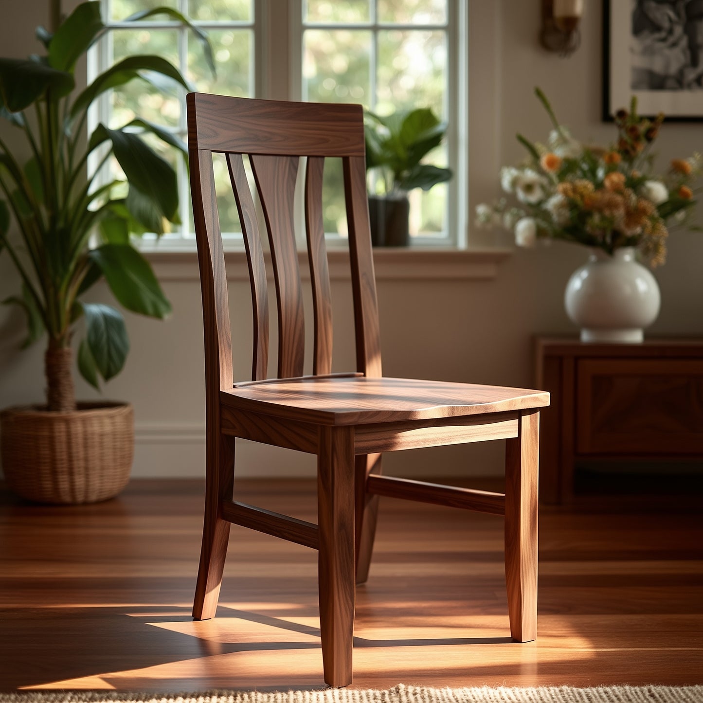 The Marigold Chair (Hold release), a handcrafted USA solid walnut piece with a slatted backrest, sits in a sunlit room with hardwood floors, large windows, potted plants, and a vase of flowers in the background.