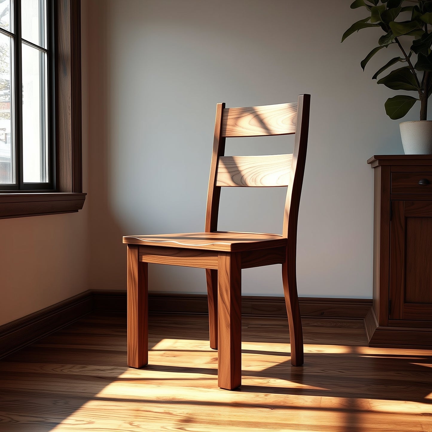 The Alden Chair from the Western Mission set sits on a sunlit wooden floor near a window, casting shadows. A potted plant and a wooden cabinet complete this classic WWP Item scene.