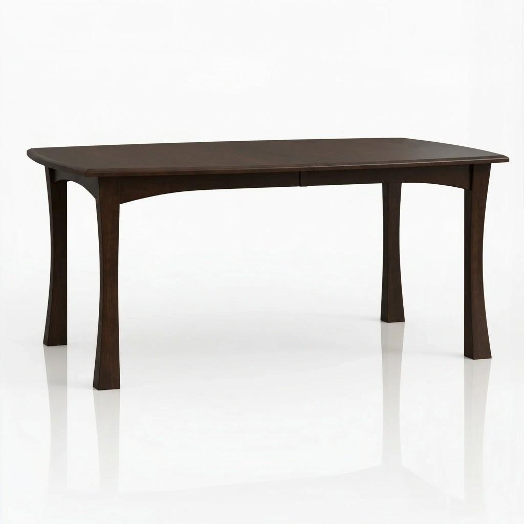 The Norwood Dining Table, a handcrafted dark brown solid wood piece made in the USA, features a rectangular top and four slightly curved legs, displayed against a plain white background.