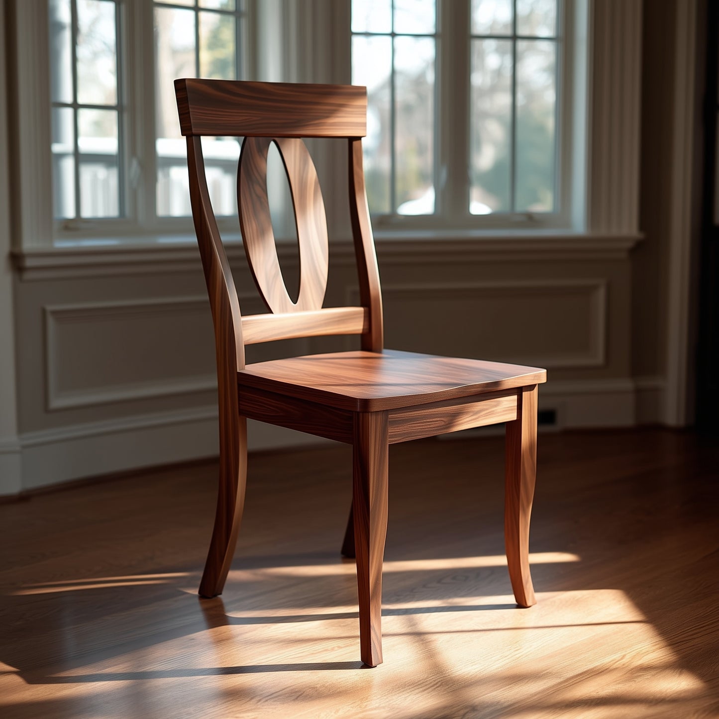 The Sutton Chair, featuring an oval cutout in its backrest, sits in sunlight on a hardwood floor before large windows and cream-colored paneled walls.