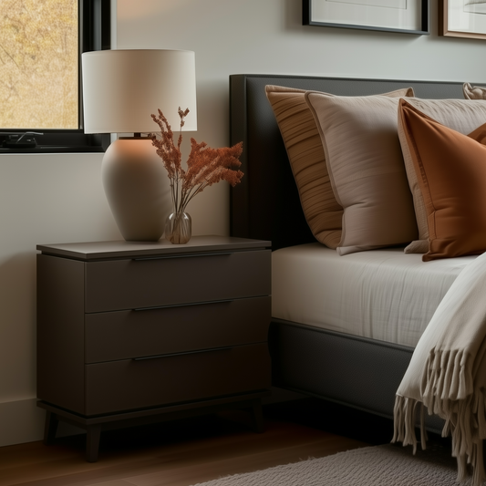 A modern bedroom showcases The Adelaide 3-Drawer Nightstand in dark wood, paired with a beige table lamp and vase of dried plants. Neutral-toned pillows and bedding adorn the bed, while a window allows in soft natural light.