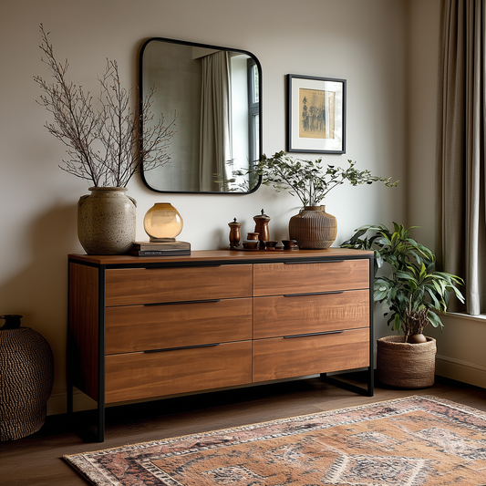The Preston 6-Drawer Dresser with black handles stands against a beige wall, topped with pottery, plants, and a round lamp. A mirror and framed art hang above, while a patterned rug and curtains complete the cozy, stylish space.
