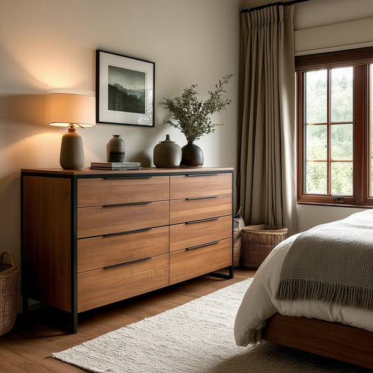 A cozy bedroom features The Preston 8-Drawer Dresser, decorative vases, a table lamp, framed photo, woven baskets, a bed with gray bedding, and beige curtains that let in natural light.