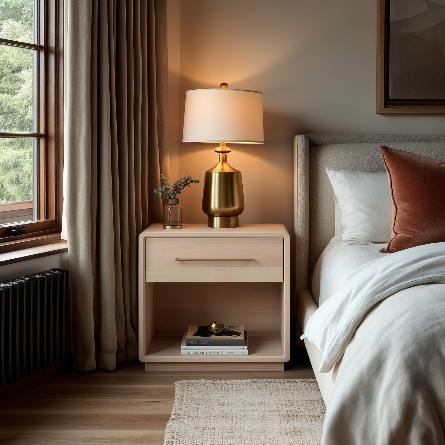 A cozy bedroom scene features The Eleanor 1-Drawer Nightstand with a gold lamp, flowers in a vase, and a book. The bed has white sheets and a brown pillow, while sunlight streams through a window with beige curtains.