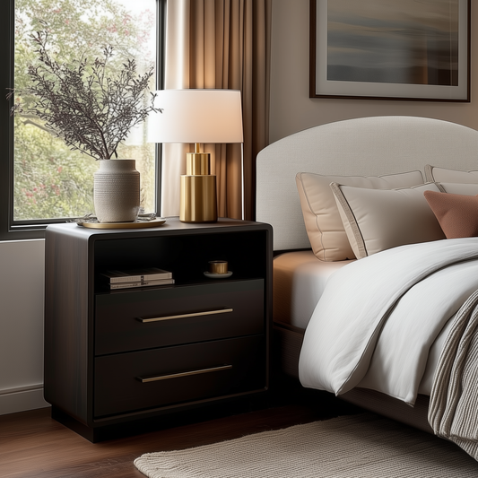 A modern bedroom showcases The Eleanor 2-Drawer Nightstand in dark wood, topped with a lamp and vase of dried branches, placed beside a bed with white and beige bedding near a window dressed in beige curtains.