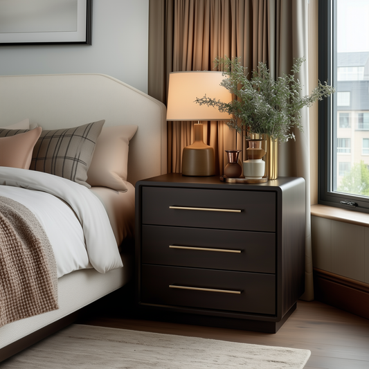 A modern bedroom showcases The Eleanor 3-Drawer Nightstand in dark wood with gold handles, topped with a lamp, greenery, and decor, beside a beige upholstered bed near a window with curtains.