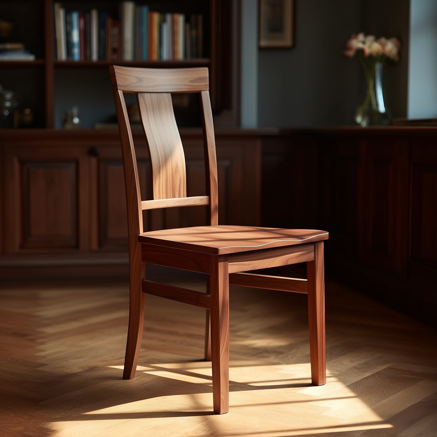 The Tristan Chair, handcrafted from solid USA walnut with a curved backrest, stands on a polished wooden floor in a warmly lit room featuring bookshelves and a vase of flowers in the background.