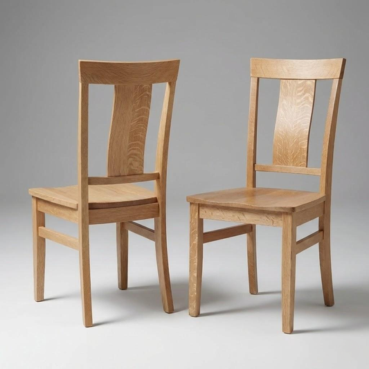 Two wooden panel back hardwood quarter-sawn white oak custom usa made dining chairs on a gray background