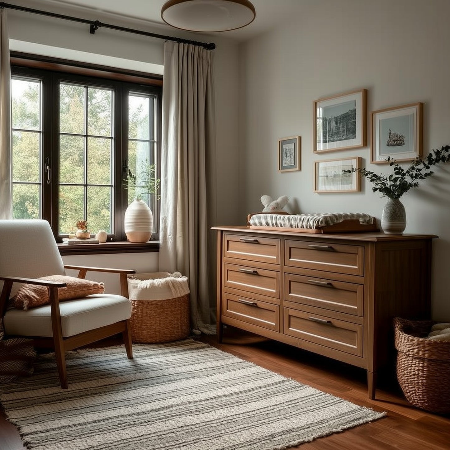 A cozy nursery features The Westcott 6-Drawer Dresser with a changing pad, a cushioned armchair, a woven basket, framed wall art, a large window with curtains, and a striped rug on hardwood floors.