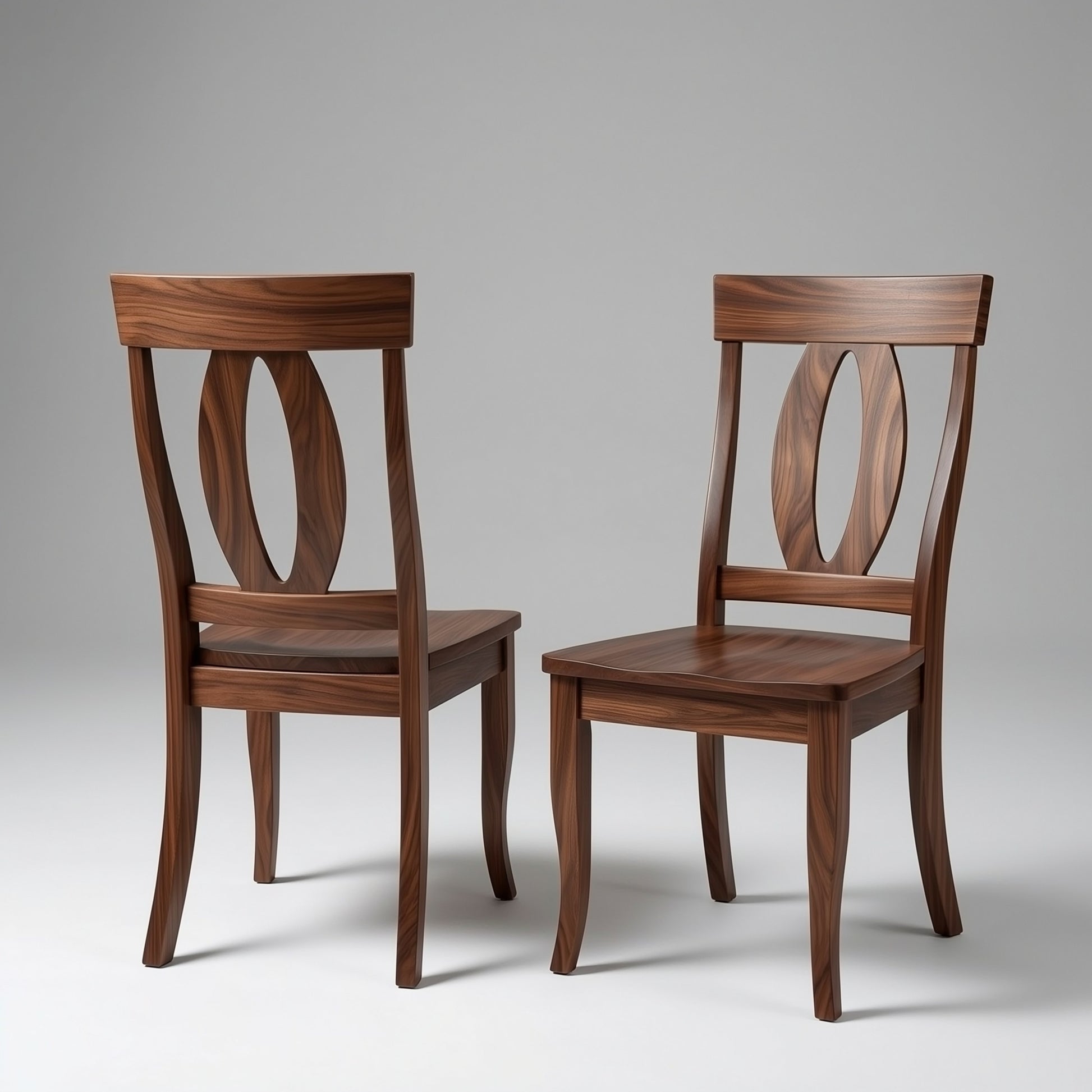 Two wooden solid walnut custom premium usa made chairs with a gray background