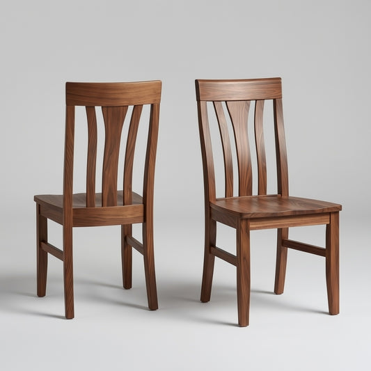 Two wooden solid walnut usa made custom premium chairs on a gray background
