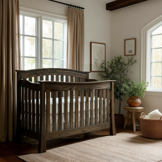 Nursery room with wooden handcrafted solid hardwood timeless custom usa made crib, plants, and natural light