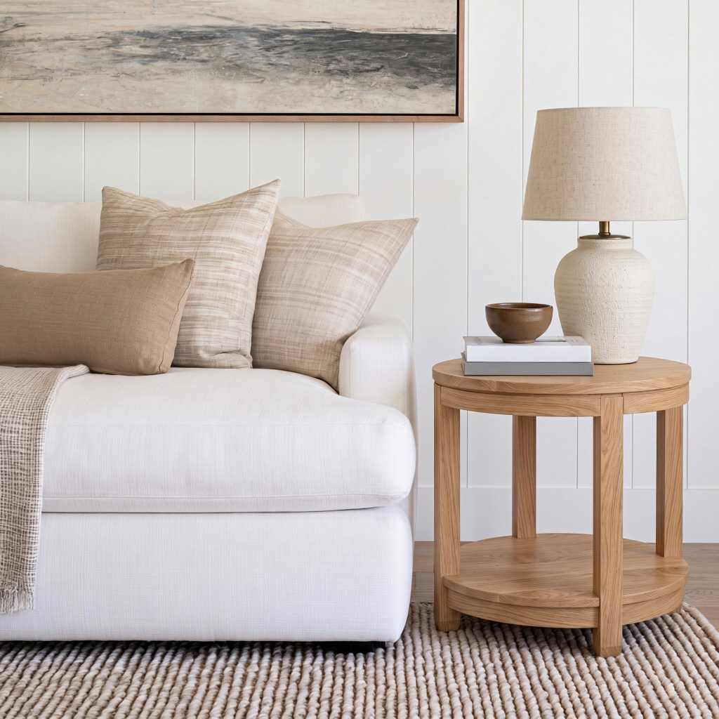 A cozy living room corner with a white sofa, beige pillows, and The Adams Round End Table—a handcrafted solid wood piece made by American craftsmen—topped with a lamp, books, and a bowl. A textured rug and a framed abstract artwork complete the neutral, minimalist decor.