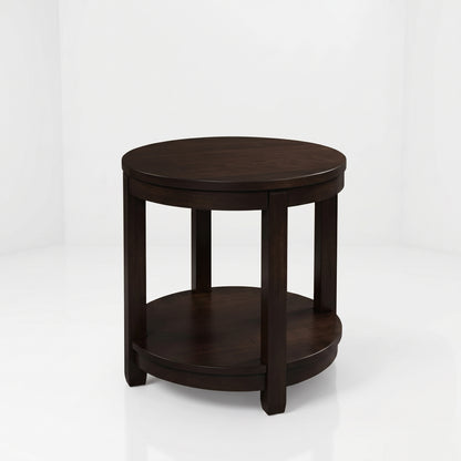 The Adams Round End Table, handcrafted by American craftsmen from solid wood, features a round silhouette in dark wood, four sturdy legs, a convenient lower shelf, and a durable top coat finish. It is showcased against a plain white background.