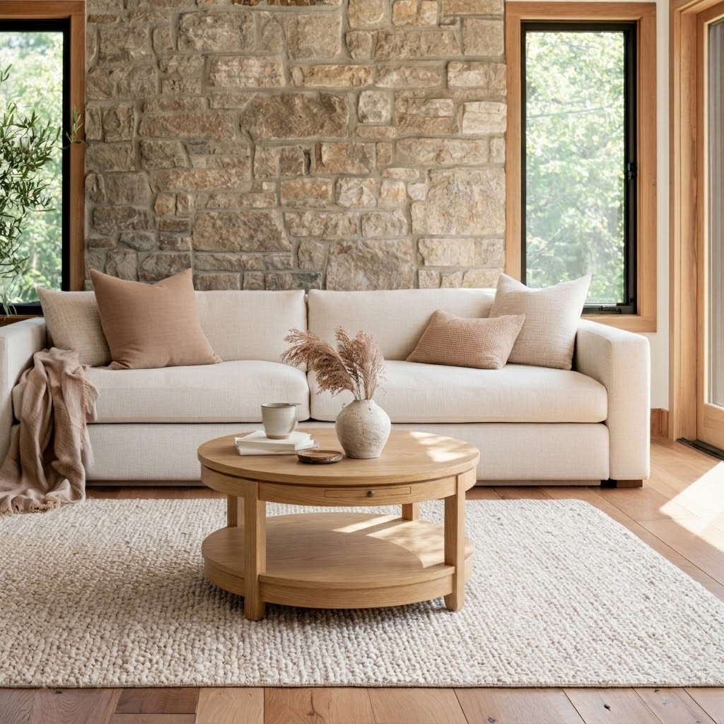 Sure! Here’s the revised sentence using the product name: A cozy living room with a light beige sofa, tan throw pillows, The Adams Round Coffee Table handcrafted from solid wood, a vase with dried foliage, a textured rug, and a stone accent wall with two large windows.