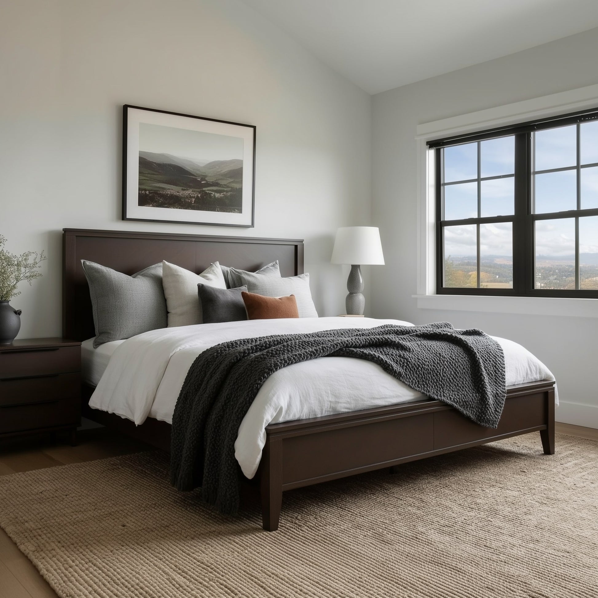 Neatly made dark cherry espresso handcrafted hardwood bed with decorative pillows and a blanket in a bedroom setting.