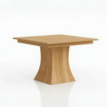 The Ambrose Dining Table, handcrafted from solid wood by skilled American craftsmen, features a square top and a thick, curved pedestal base, set against a plain white background.