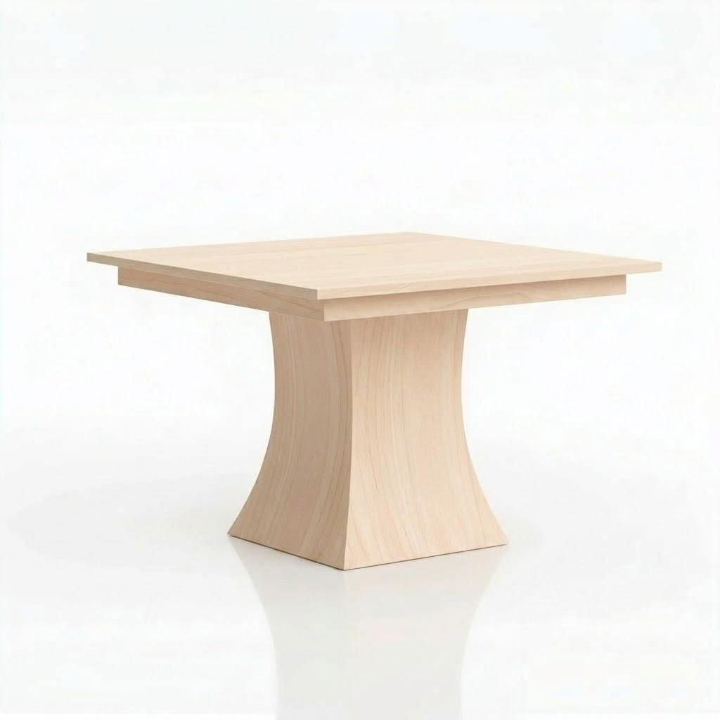 The Ambrose Dining Table, a square, light wood table with a gracefully curved rectangular pedestal base—handcrafted in solid wood by American craftsmen—is set against a plain white background.