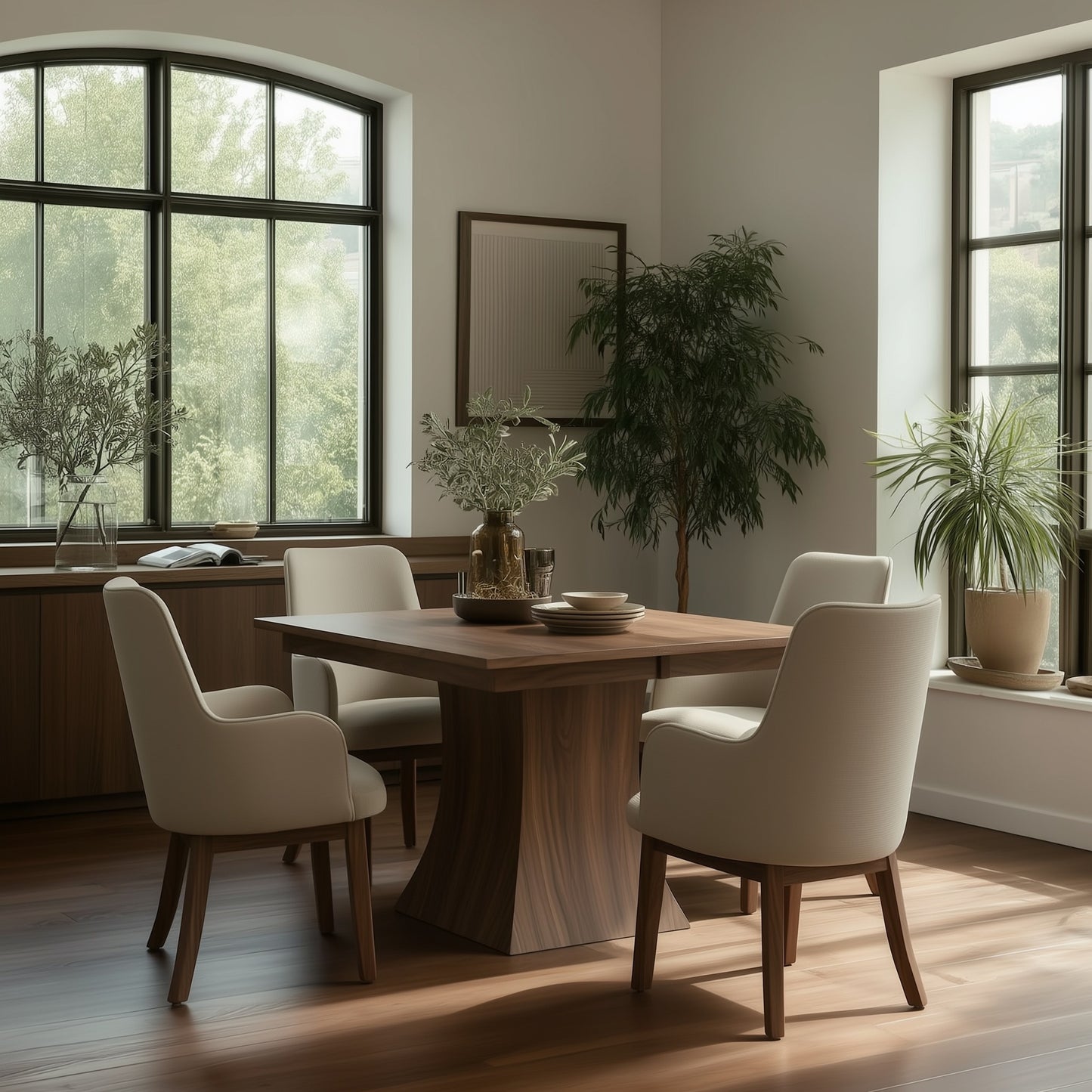 A modern dining room featuring The Ambrose Dining Table, handcrafted in solid walnut in the USA, four white cushioned chairs, large windows, indoor plants, and natural light. A vase of flowers and stacked plates decorate the table.