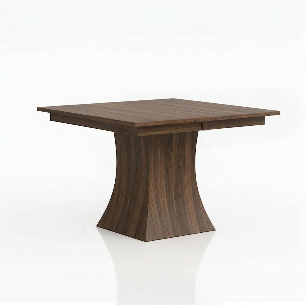 The Ambrose Dining Table, handcrafted in the USA from solid walnut, features a square wooden top and a curved, tapered pedestal base, displayed against a plain white background.