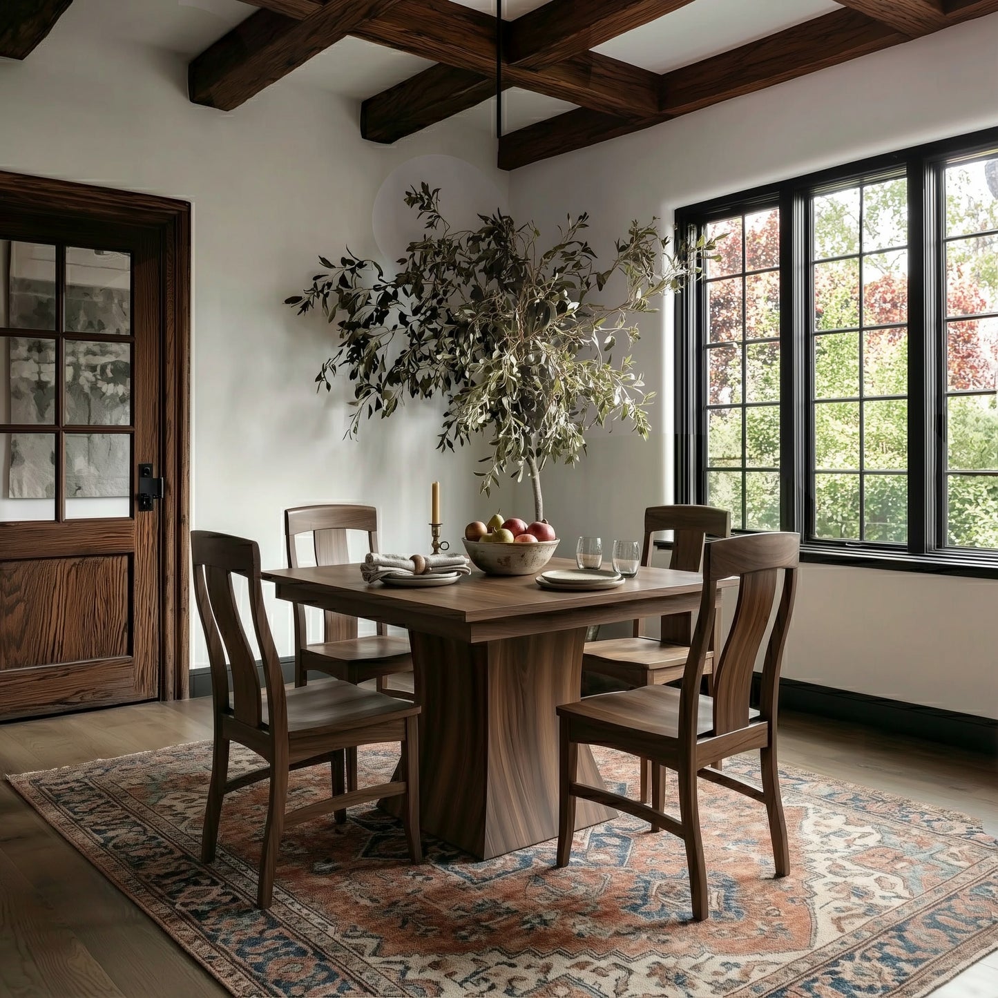 Our walnut ambrose square expandable leaf table in a Dining room with wooden table and chairs, large window, and decorative rug.