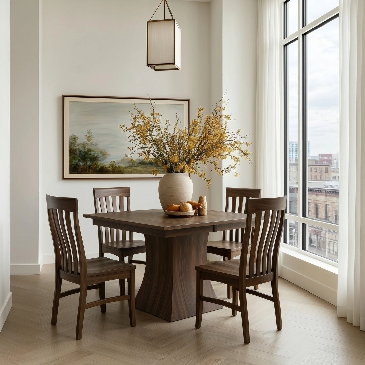 Dining room with wooden solid walnut handcrafted custom extendable square table and chairs, large window, and decorative elements. Urban.