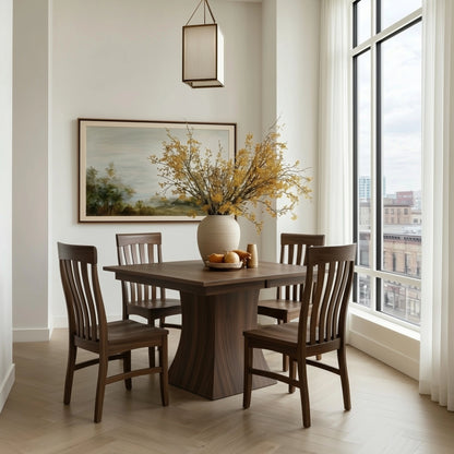 Dining room with wooden solid walnut handcrafted custom extendable square table and chairs, large window, and decorative elements. Urban.