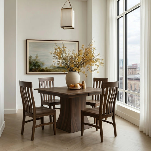 Dining room with wooden solid walnut handcrafted custom extendable square table and chairs, large window, and decorative elements. Urban.
