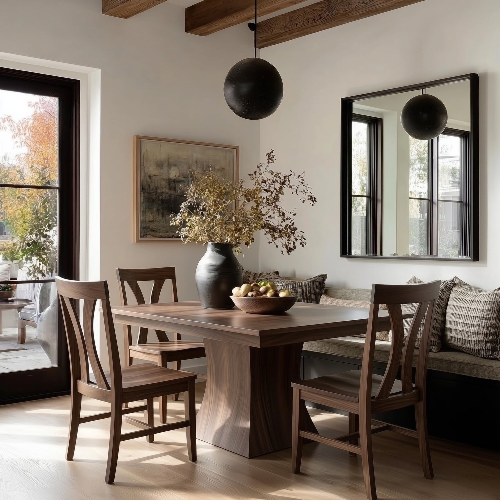 Dining room with solid hardwood handcrafted walnut usa made custom wooden table and chairs, vase with flowers, and large mirror on the wall.