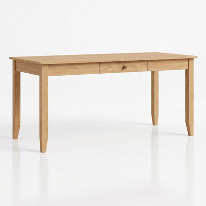 A light oak wood writing desk with a single drawer and a small round metal pull handle, shown on a clean white background.