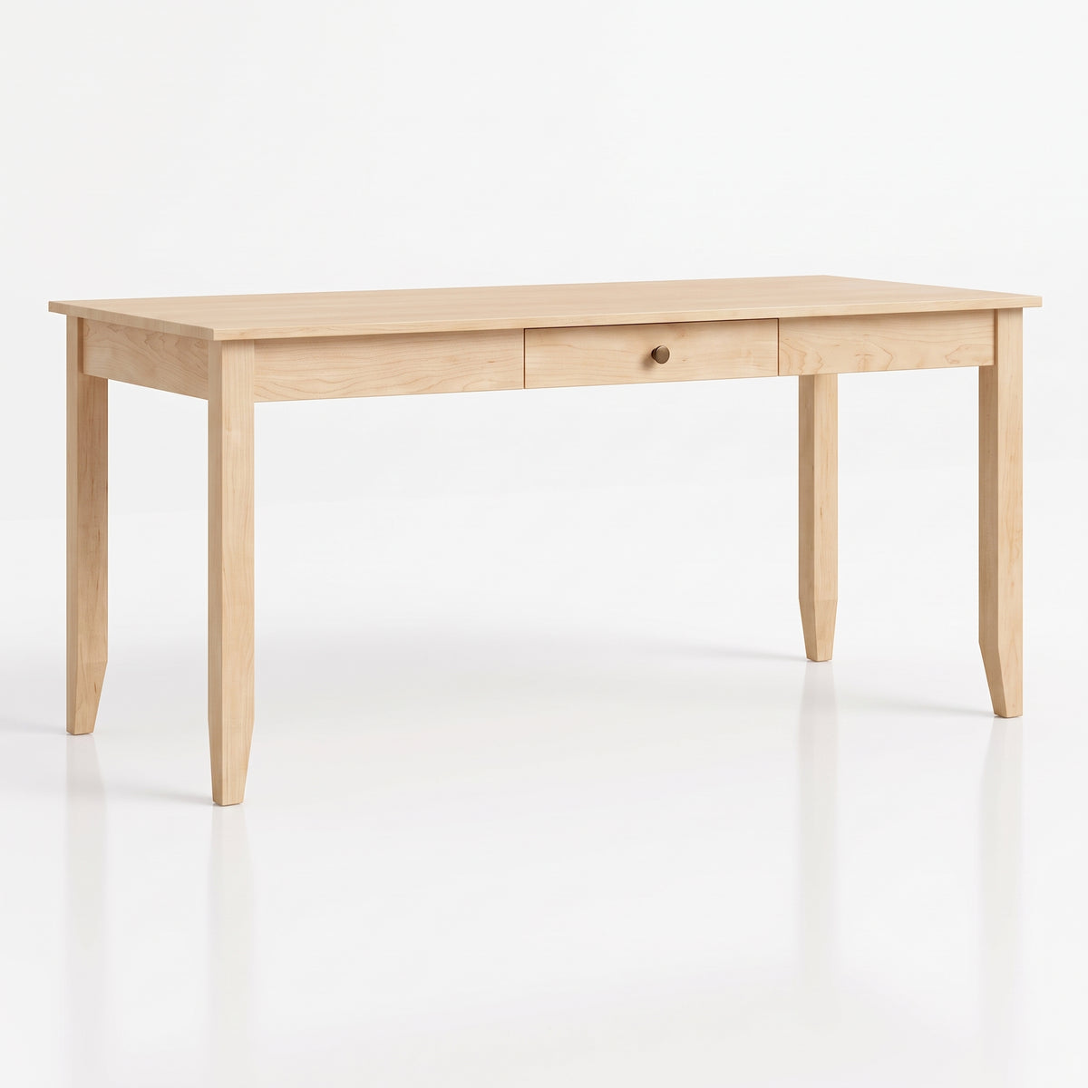 A light natural wood writing desk with two drawers and a small round wooden knob, shown on a clean white background.
