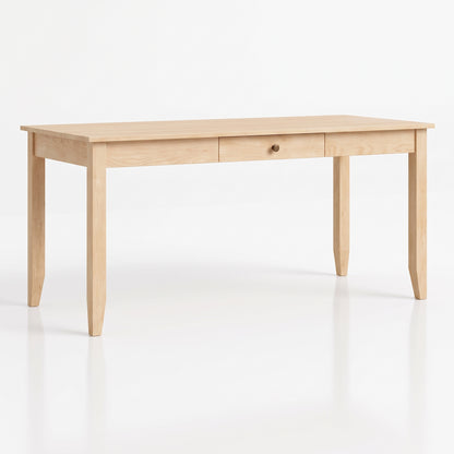 A light natural wood writing desk with two drawers and a small round wooden knob, shown on a clean white background.