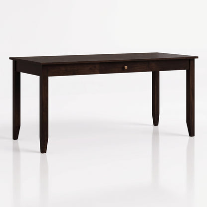 A dark brown wooden writing desk with a single drawer and a small round brass pull handle, shown on a clean white background with a soft reflection.