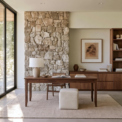 A modern interior scene with a wooden writing desk centered on a woven rug, a matching chair, a white ottoman, a stone wall backdrop, and a bookcase in the background.